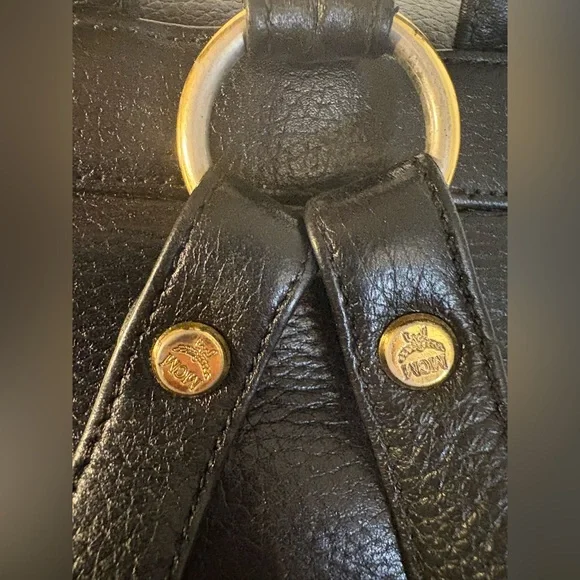 MCM Black Leather Backpack with Gold Accents and draw strings 12"x11" - Picture 9 of 16